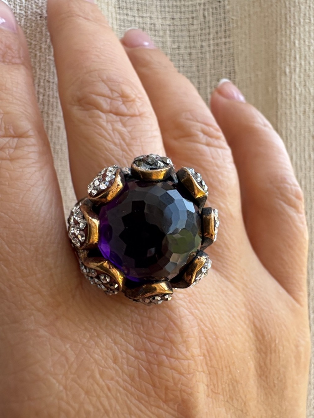 Cocktail Flower Ring with Purple Amethyst and Pave Diamonds